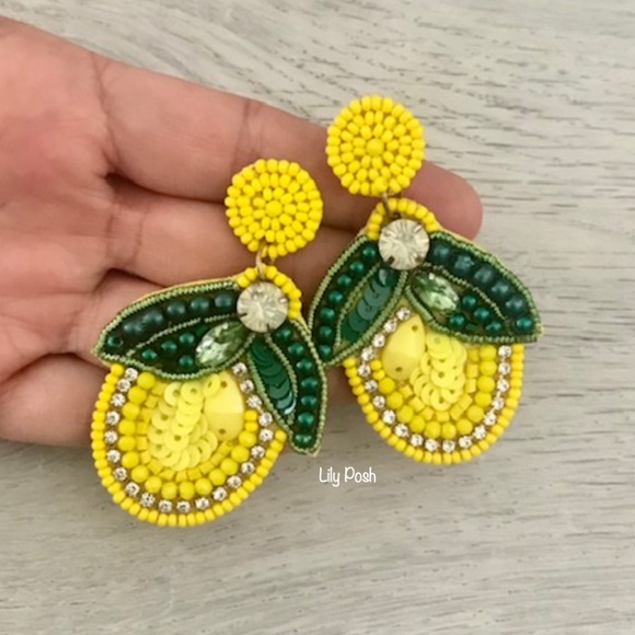 Beaded Lemon Earring, Seed Bead Fruit Earring, Lemon, Lily Posh - Picture 3 of 6